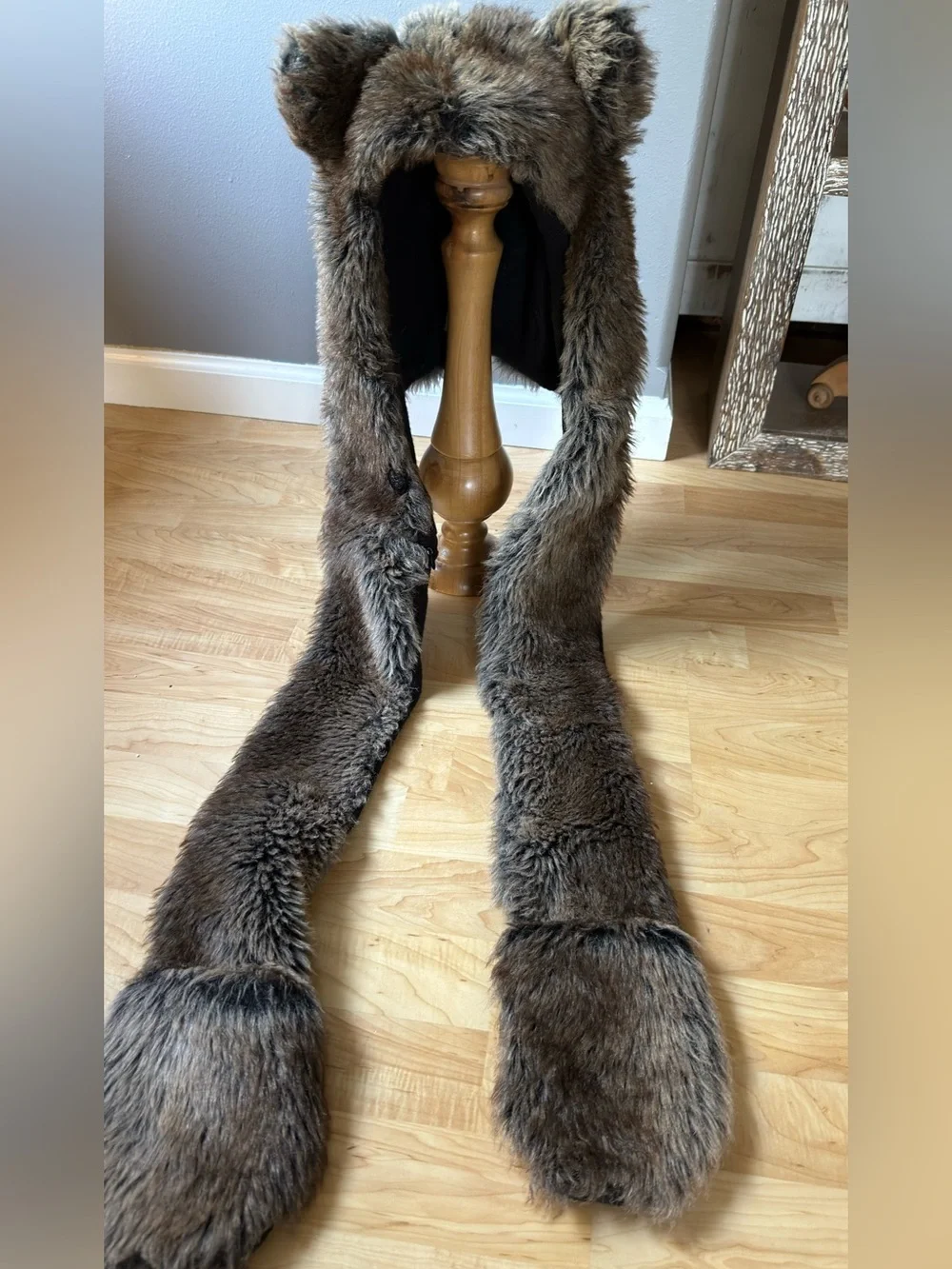 Faux Fur Bear Hood with Mittens - Black and Brown